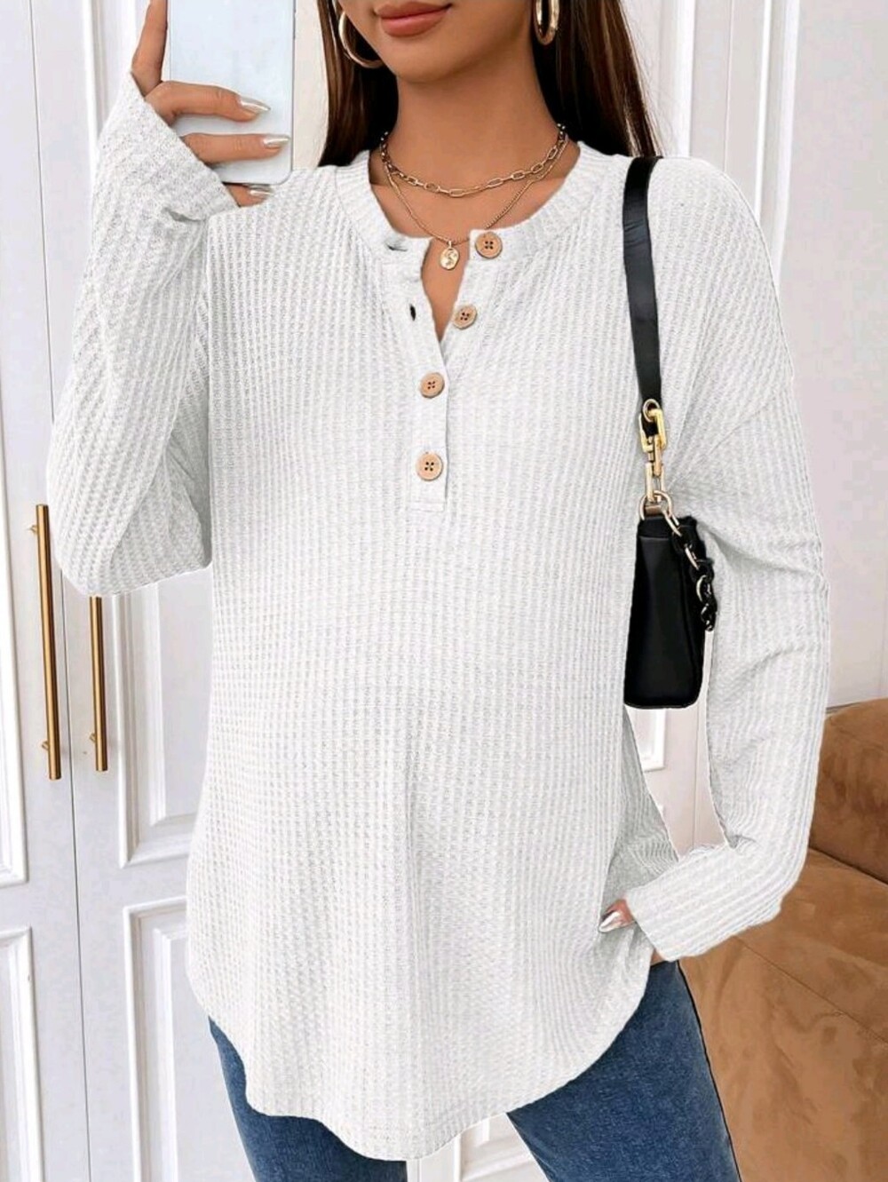 SHEIN Waffle Knit Henley Top